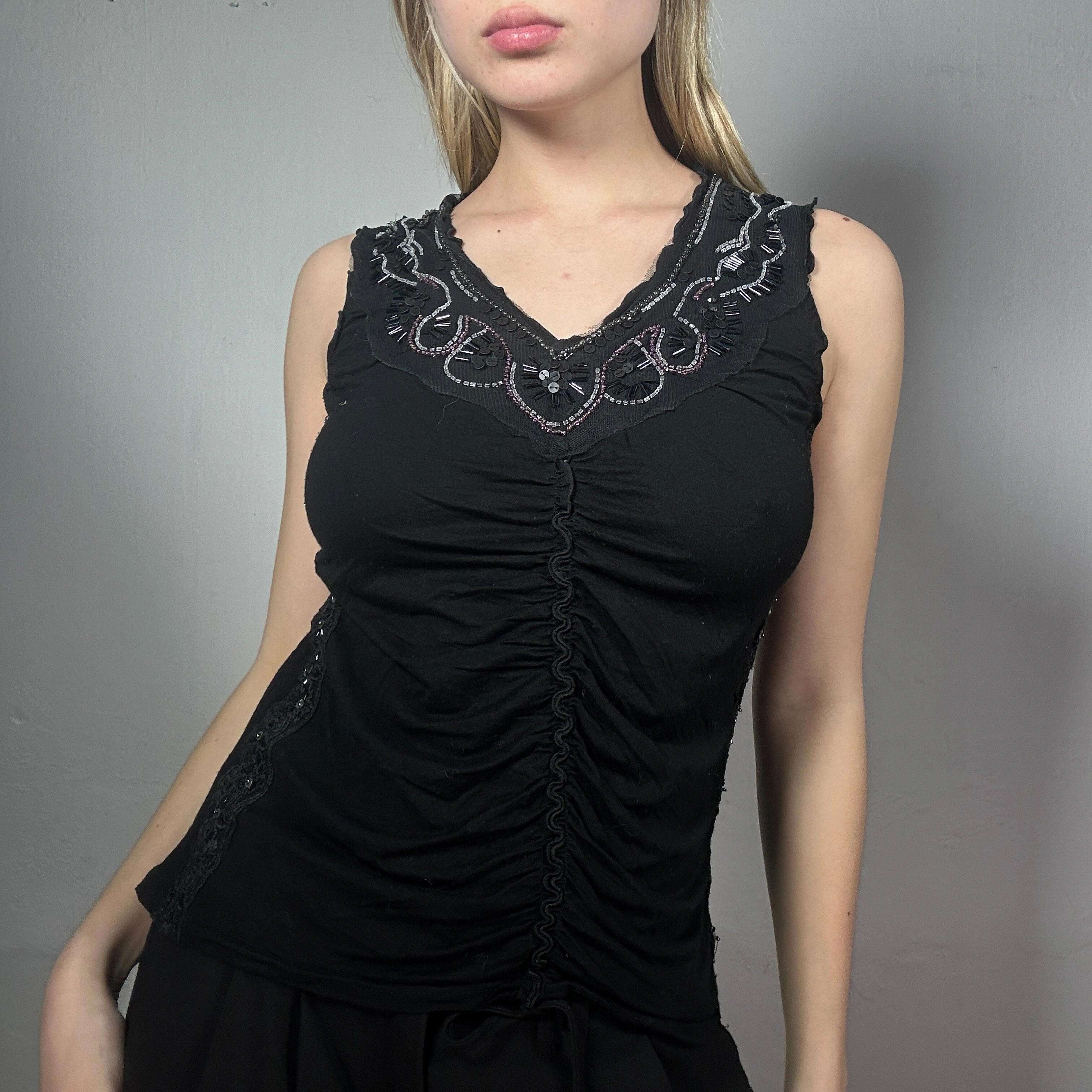 Sleaze Chic Revival 90s Black Top S Embroidered Ruched Sleeveless Perfect Vintage Find